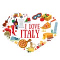 Items symbolizing Italy gathered in the shape of a heart. Inscription I love Italy. Design elements on the Italian theme Royalty Free Stock Photo