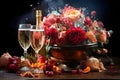 Items on a table. There are large bowls of brightly colored, beautiful flowers and the splash of champagne looks refreshing and
