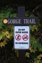 Ithaca, New York, U.S.A - October 17, 2022 - The Gorge Trail sign at Buttermilk Falls