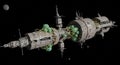 A derelict space station is consumed by alien parasitic organisms near a distant moon Royalty Free Stock Photo