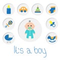 Its a boy. Baby boy shower card with bottle, horse, rattle, pacifier, sock, car toy, baby carriage, pyramid. Round icon set.