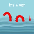 Its a boy. Baby shower. Water monster thorns, eye, tail Swimming floating Sea ocean wave. Snake shape. Loch Ness Nessy fictional c