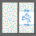 Its a boy. Card cover template. Blue hand lettering on abstract pattern with confetti sprinkles