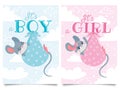 Its Boy and Girl cards. Baby shower label with cute mouse, mice children vector cartoon illustration set Royalty Free Stock Photo
