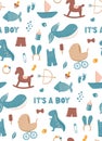 Its a boy pattern. Cute blue kids baby doodle. Nursery background for  baby shower, fabric or scrapbook Royalty Free Stock Photo