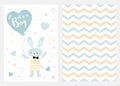 Its a boy Set of blue white yellow templates for invitations Rabbit balloon Zigzag background vector