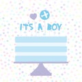 Its a boy. Sweet blue cake, blue cream, heart plane, baby shower banner design, card template, pastel colors on white polka dot ba