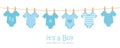 Its a boy welcome greeting card for childbirth with hanging baby bodysuits