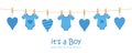 its a boy welcome greeting card for childbirth with hanging hearts and bodysuits Royalty Free Stock Photo