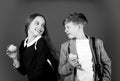 Its break time. Small kids eat apples for meal break. Happy children enjoy school break. Little girl and boy have snack Royalty Free Stock Photo