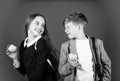 Its break time. Small kids eat apples for meal break. Happy children enjoy school break. Little girl and boy have snack Royalty Free Stock Photo