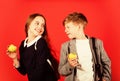 Its break time. Small kids eat apples for meal break. Happy children enjoy school break. Little girl and boy have snack Royalty Free Stock Photo