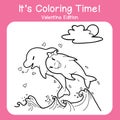 Coloring page for valentine\'s day. Lovely dolphins couple playing. Black and white vector illustration.