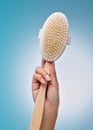 Its exfoliate day. an unrecognisable woman holding a body brush against a blue background in the studio.