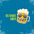 Its friday baby vector concept illustration with funky beer hand drawn character isolated on grunge blue background