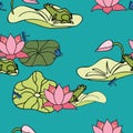 Its a frogs life, frog floating on lilypad among lotus flowers, lilys, seamless vector repeat