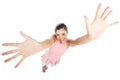 Its gigantic. High angle studio portrait of an attractive young woman with her arms raised against a white background.