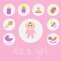 Its a girl. Baby girl shower card. Bottle, horse, rattle, pacifier, sock, doll, baby carriage pyramid toy. Pink background Flat Royalty Free Stock Photo