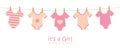 Its a girl cute welcome greeting card for childbirth with hanging baby bodysuits Royalty Free Stock Photo