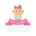 Its Girl Invitation Card Banner Template with Cute Little Baby Girl and Place for Text Vector Illustration, Royalty Free Stock Photo