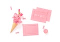 Its Girl Pink cards flowers Birthday Baby shower flat lay Royalty Free Stock Photo