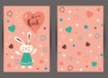 Its a girl Set of pink cards templates for invitations Rabbit baby girl with balloon Heart stars background Vector