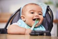 Its good but not better than mothers milk. an adorable baby boy looking happy while eating a meal. Royalty Free Stock Photo