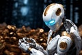 In its grasp, a white robot cradles digital crypto coins