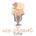 Its ice cream time. Hand drawn three scoop of ice cream with strawberry in a cup