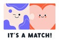 Its match, concept card. Two connected puzzle pieces, hearts together, love couple. Romantic relationship, happy smiling