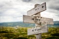 its my time text engraved on old wooden signpost outdoors in nature