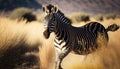 A zebra sprinting at full speed in its natural grassland habitat of Africa, generative AI