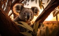 A koala bear climbing the eucalyptus in an Australian zoo during the sunset, generative AI