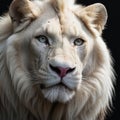 Portrait of majestic white lion on black background, Wildlife animal.