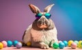 Cool bunny with sunglasses, multicolor eggs around, an isolated pastel background, copy space generative AI
