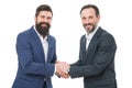 Its pleasure to deal with you. Happy men shake hands isolated on white. Business partners made agreement. Binding