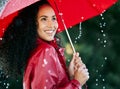 Its raining, its pouring. a beautiful young woman standing in the rain with an umbrella. Royalty Free Stock Photo