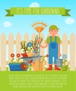 Its time for gardening banner, poster vector illustration. Tools for gardening such as wheelbarrow, trowel, fork hoe Royalty Free Stock Photo