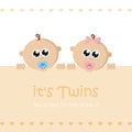 Its twins boy and girl welcome greeting card for childbirth with baby face