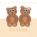 Its twins boy and girl welcome greeting card for childbirth with teddy bear