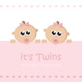 Its twins girl welcome greeting card for childbirth with baby face