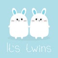 Its twins. Two boys. Cute twin bunny rabbit set holding hands. Hare head couple family icon. Cute cartoon funny smiling character