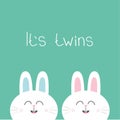 Its twins Two cute twin bunny rabbit. Hare head couple family icon. Cute cartoon funny smiling character set. Green background. Is