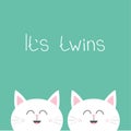 Its twins Two cute twin cats. Cat head couple family icon. Cute cartoon funny character set. Green background. . Flat desi