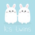 Its twins. Two girls. Cute twin bunny rabbit set holding hands. Hare head couple family icon. Cute cartoon funny smiling character