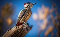 A woodpecker perches on a tree trunk or branch, drumming with its beak a blurred blue sky background, generative AI