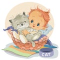 Ittle boy sits in a basket and hugs his kitten, next to a stot in a bowl for food,