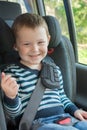 Ittle boy sitting in car seat, smiling, looking at camera. The idea is the safety and convenience of children when driving, Royalty Free Stock Photo