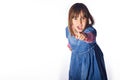 Ittle girl isolated finger pointing at camera with white background. Victory concept. big copy space