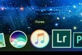 Itunes application icon in mac dock on dark space background, macro